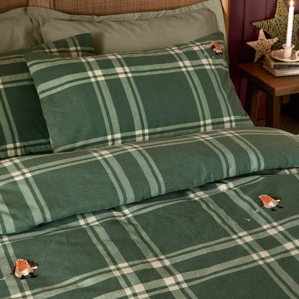 Wylder Ramble Robin Brushed Cotton Christmas Duvet Cover Set in Green 2