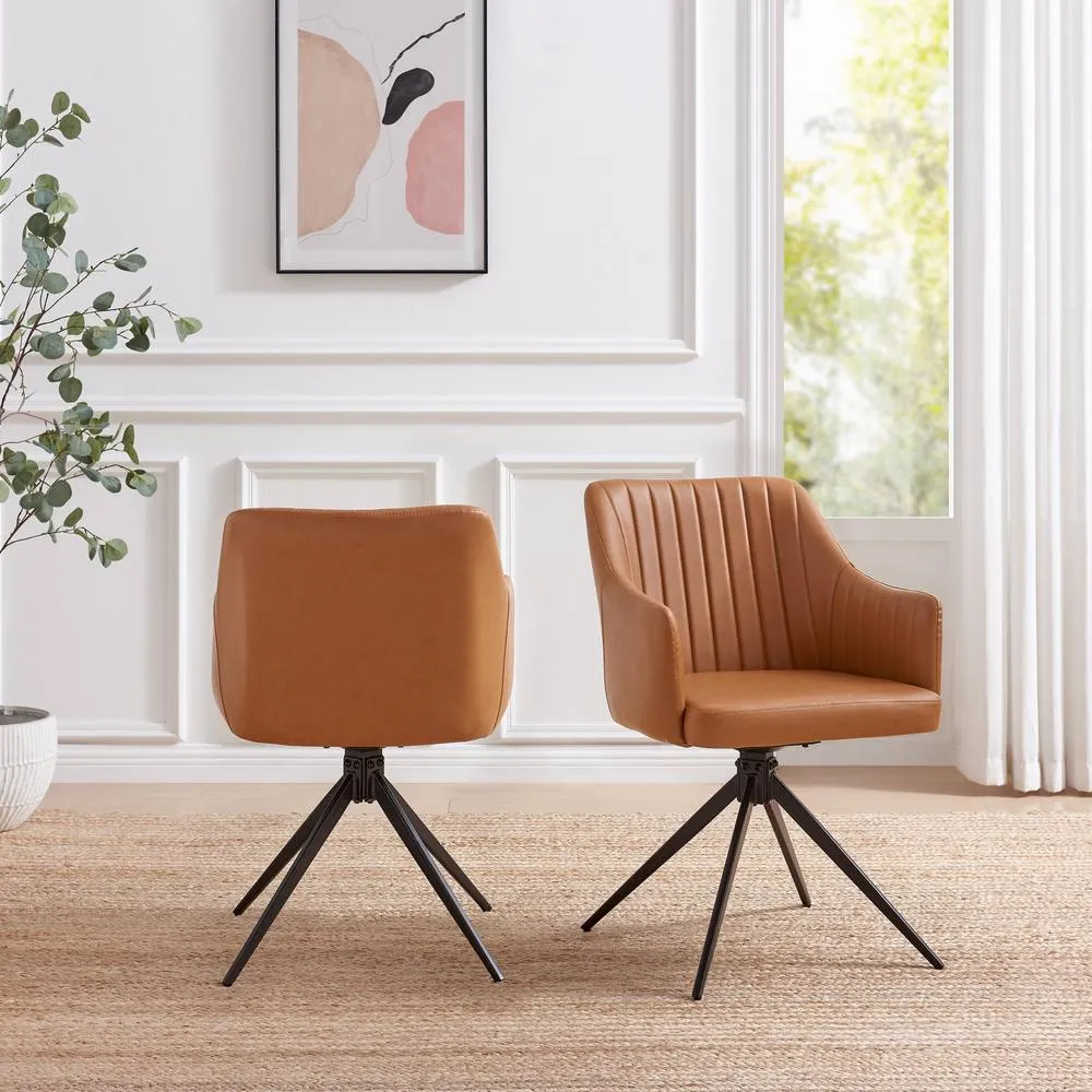 FurnitureboxUK 2x Calla Tan Faux Leather Swivel Dining Chairs 2