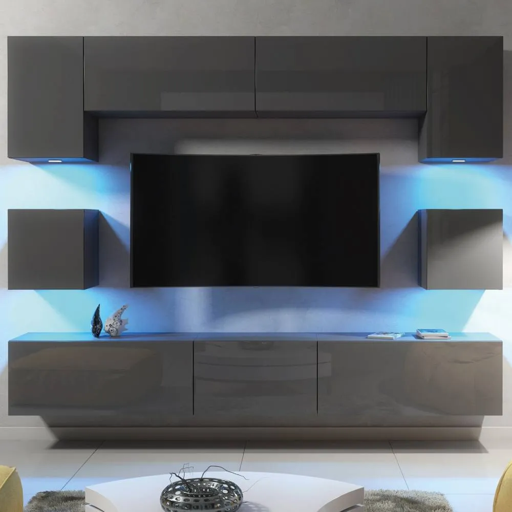 Creative Furniture Panorama Wall TV Unit - Dark Grey with Gloss Doors & LED Lights