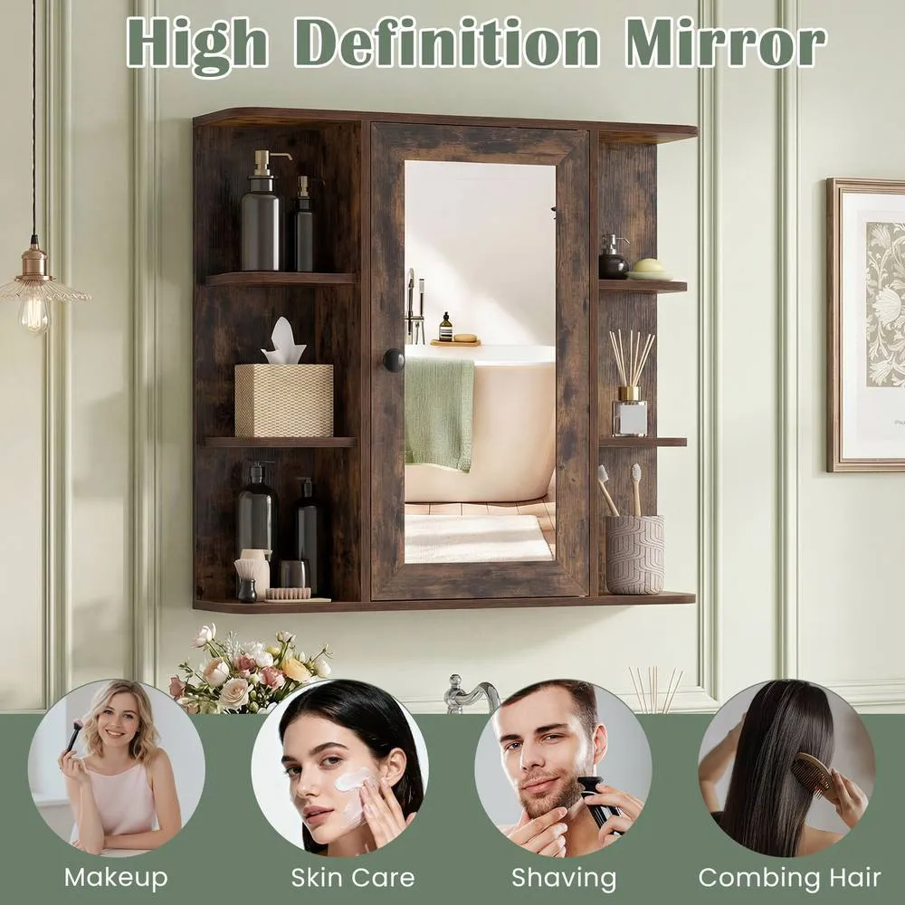 Costway Bathroom Wall Cabinet Modern Wall Mounted Medicine Cabinet with Mirror in Brown 3