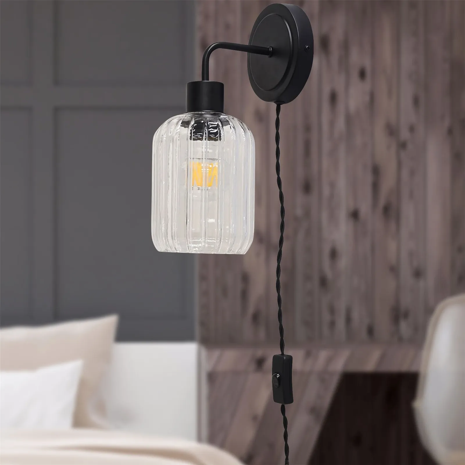 First Choice Lighting Set of 2 Toby - Black Plug in Wall Lights Ribbed Glass Shades 4