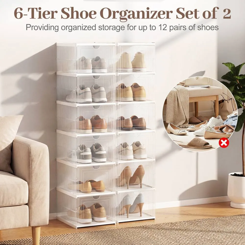 Costway 6-Tier Shoe Organizer Set of 2 Folding Plastic Sneaker Storage Boxes in White 2
