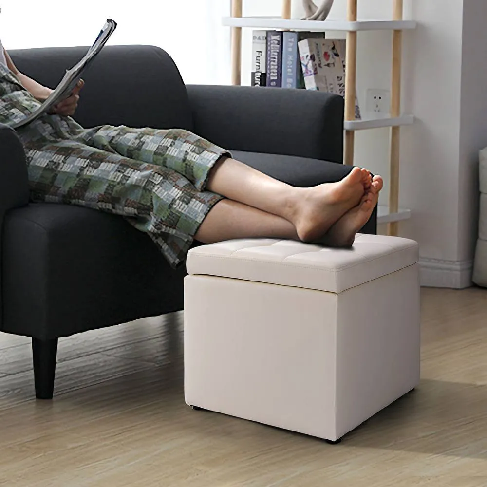 Costway Faux Leather Storage Ottoman Cube Pouffe Storage Toy Box Padded Foot Stool in Beige 6