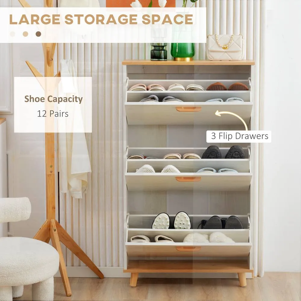 HOMCOM Slim Shoe Storage Cabinet with 3 Drawers & Adjustable Shelves for Hallway in Cream 4