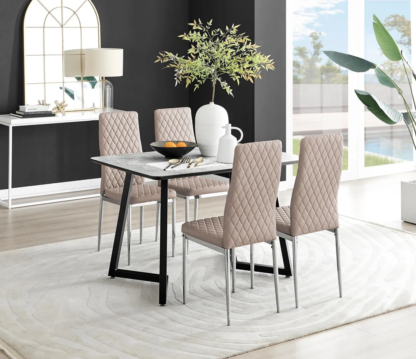 FurnitureboxUK Carson White Marble Effect Dining Table & 4 Milan Chrome Leg Chairs in Beige 1