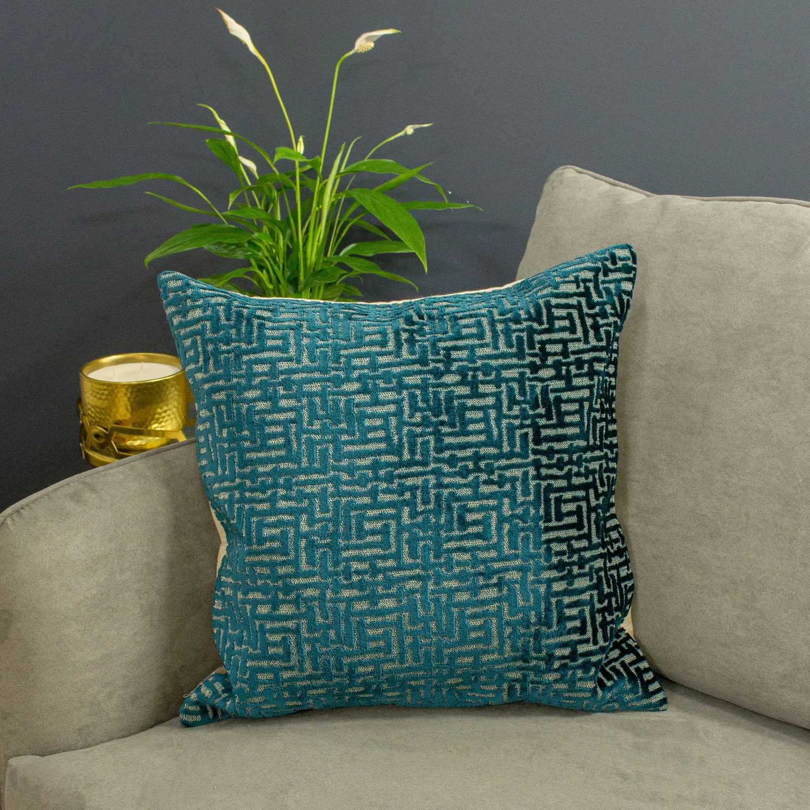 Paoletti Delphi Maze Cut Velvet Cushion in Teal 1