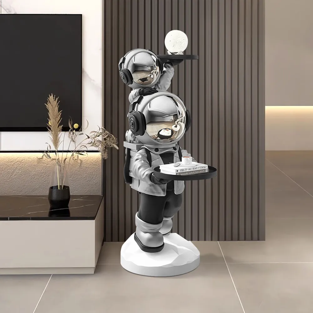 Silver Astronaut Side Table Floor Sculpture Modern End Table with Tray Top