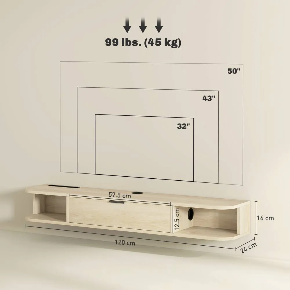 HOMCOM 120 cm Floating TV Unit with Flip Drawer & Shelves, Natural 3