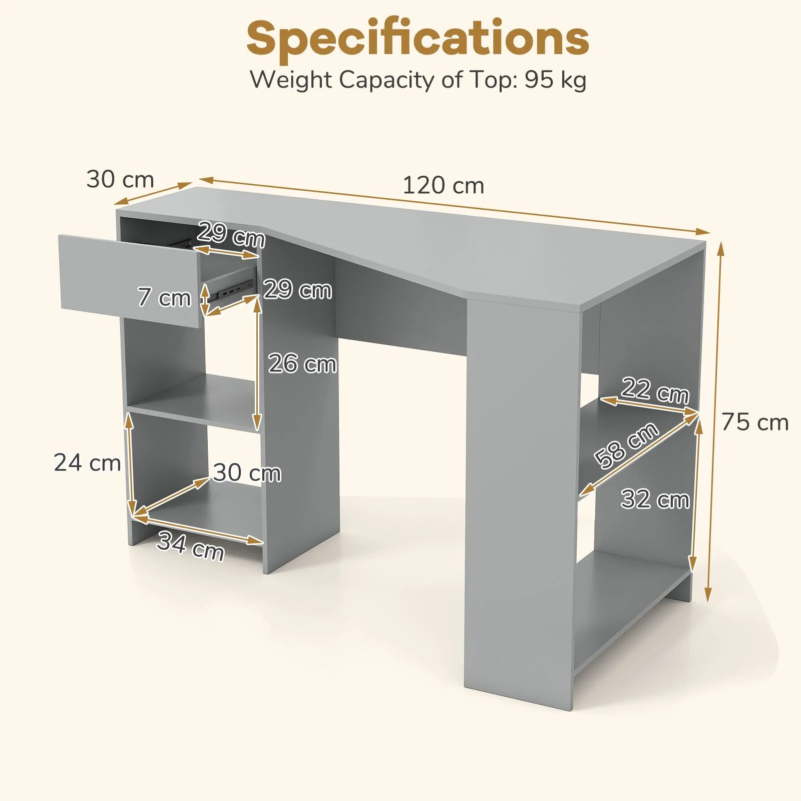 Costway L-Shaped Computer Desk Compact Corner Executive Desk w/Storage in Grey 2