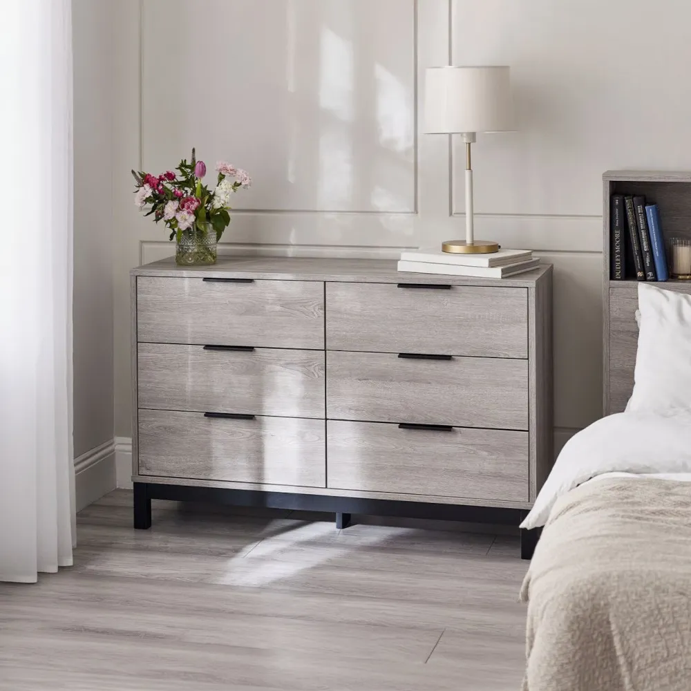 Bali – 6-Drawer Wide Chest of Drawers – Grey Oak – Wooden - Happy Beds