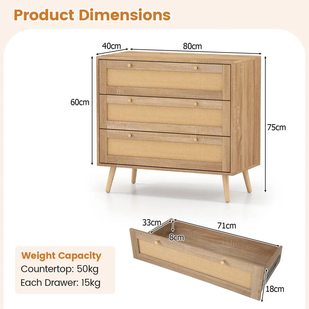Costway Boho 3-Drawer Rattan Dresser Wooden Nightstand Side Table w/ 3 Drawers in Natural 2