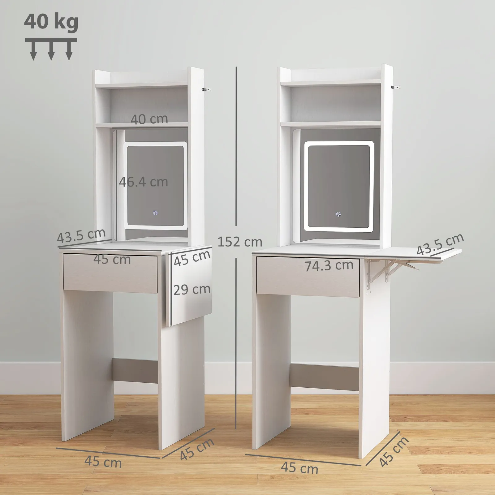 HOMCOM Compact Dressing Table with Lighted Mirror Open Shelves Drawer White 3