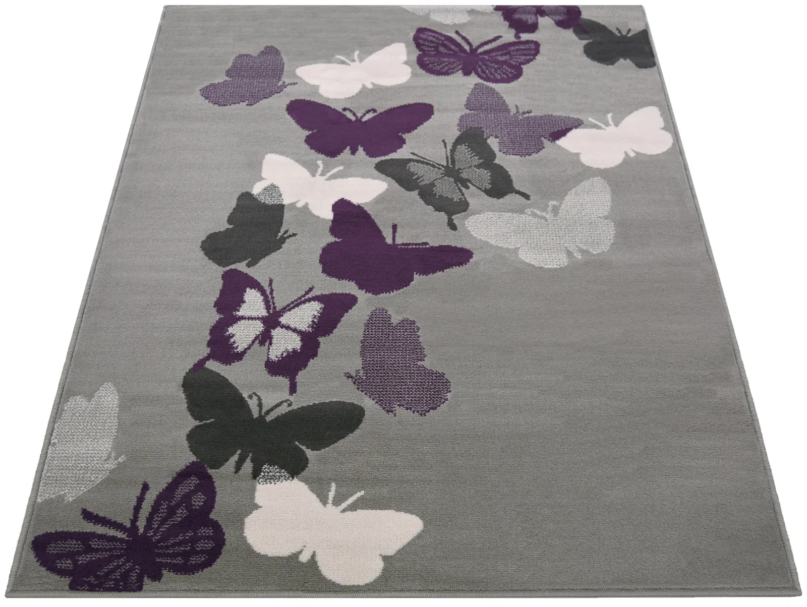 Butterflies Woven Short Pile Rug - 80x150cm - Grey.