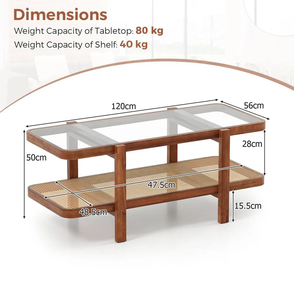 Costway 2-Tier Coffee Table w/ Storage Rectangular Center Table w/Glass Top in Brown 2