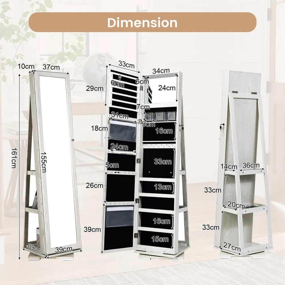 Costway 360 Rotating MirroredJewelry Cabinet Free Standing Jewelry Armoire in White 2