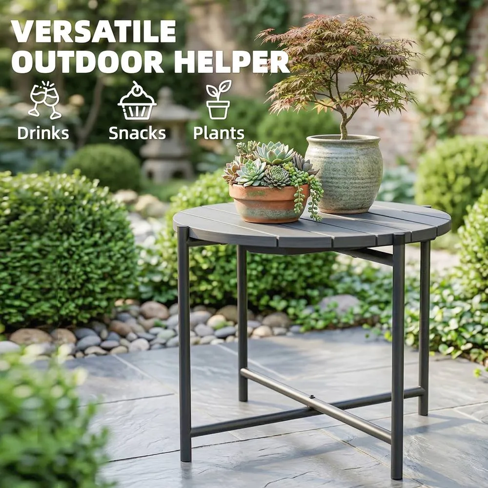 OUTSUNNY 54 cm Round Garden Table, Slatted Wood Top Outdoor Table, Dark Grey 5