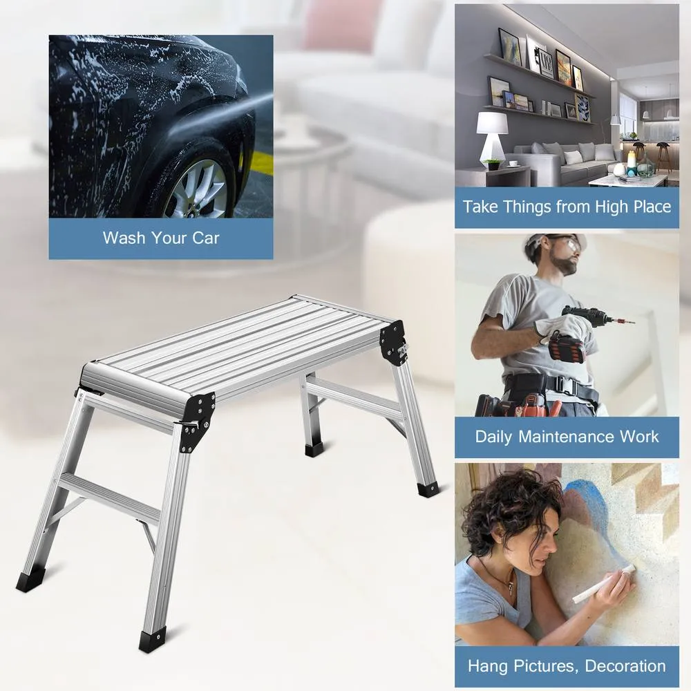Costway Outdoor Step Stool Aluminum Platform Folding Work Bench Stool Ladder in Silver 3