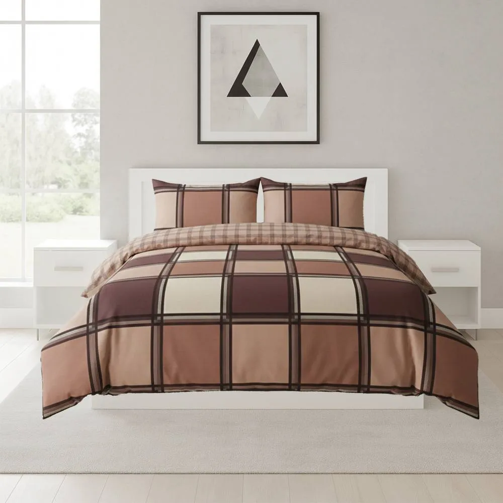Snug City Box Print Duvet Cover Set Contemporary Square Pattern Bedding in Chocolate
