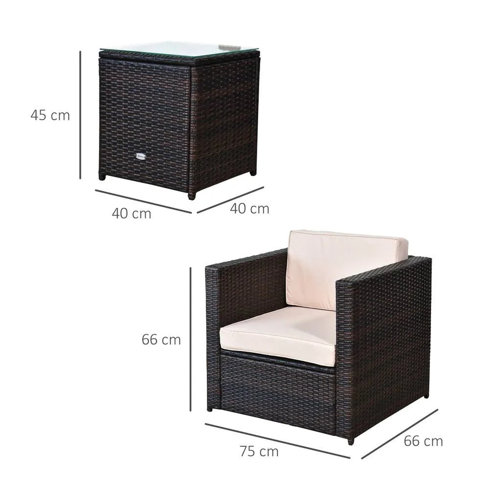 OUTSUNNY 3Pcs Patio 2 Seater Rattan Sofa Garden Furniture Set w/ Cushions in Brown 3
