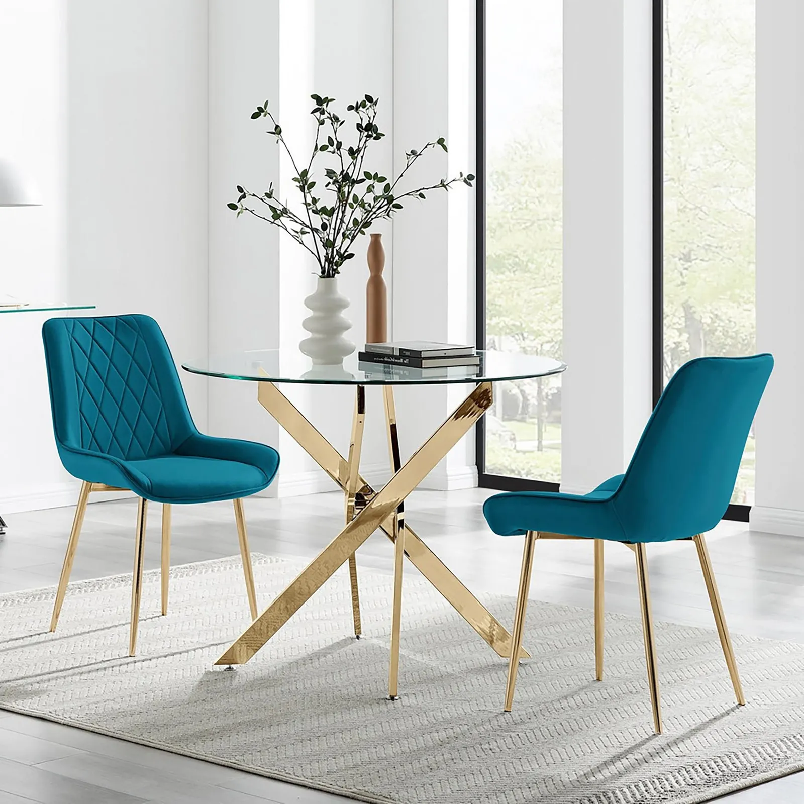 FurnitureboxUK Novara 100cm Round Gold Leg Dining Table & 2 Pesaro Gold Leg Chairs in Blue