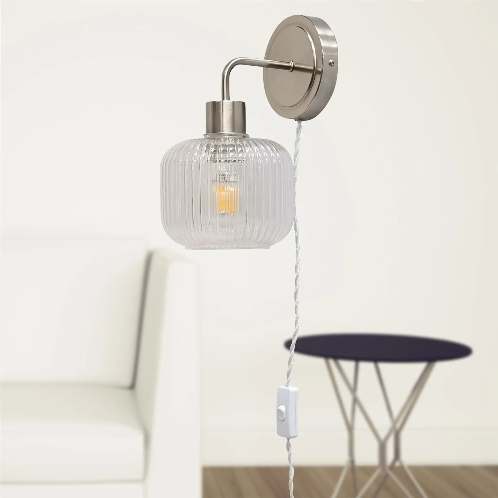 First Choice Lighting Toby - Satin Nickel Plug in Wall Light with Batley Ribbed Glass Shade in Silver 4