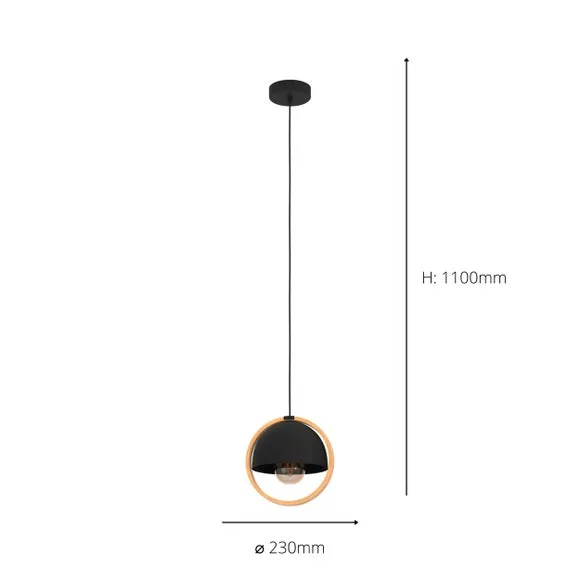 Eglo Callow Natural Wood Pendant Light, Black 3