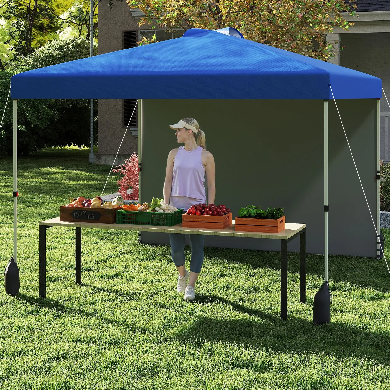 Costway 300 x 300 cm Pop up Canopy Tent w/ 1 Sidewall & Wheeled Bag in Blue 3