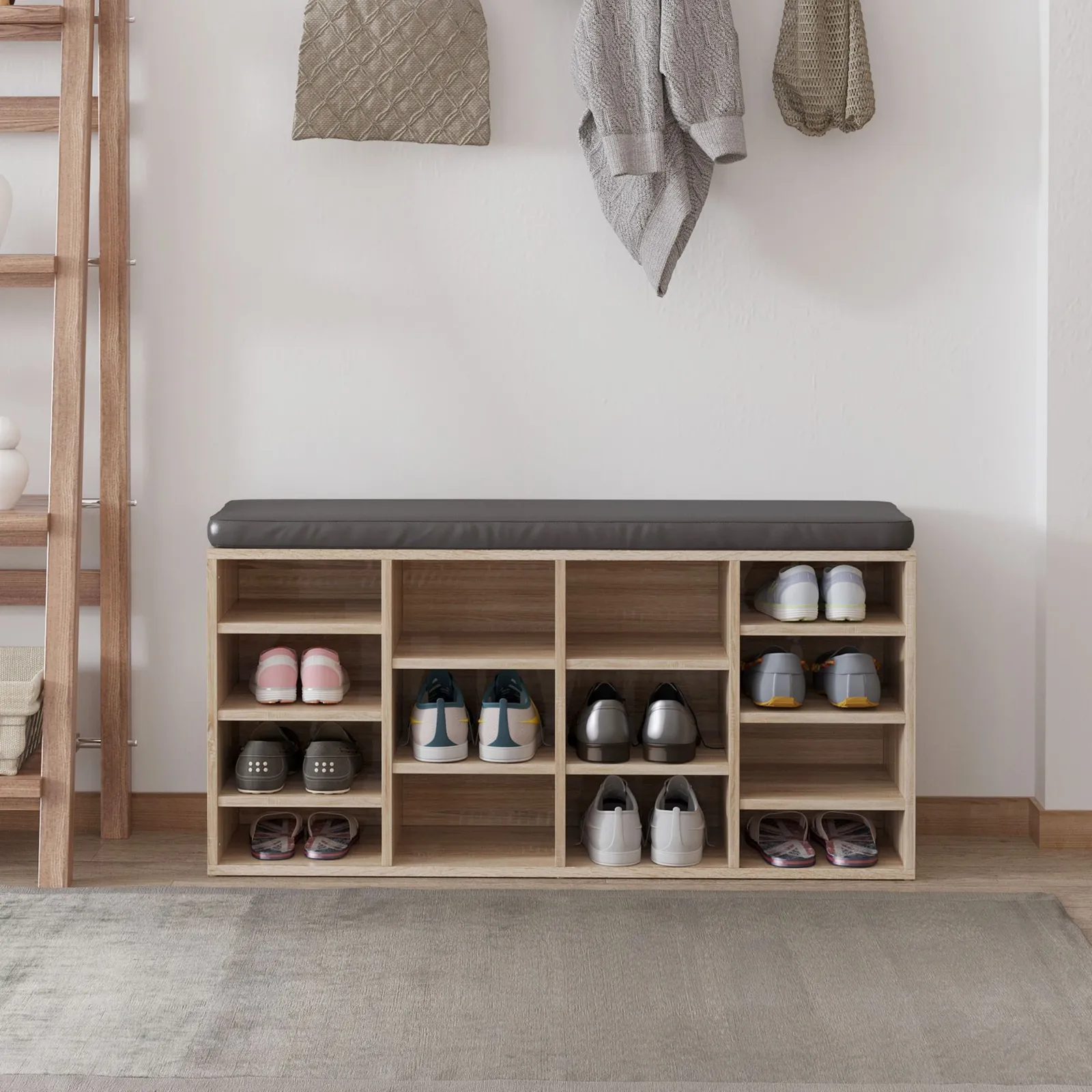 HOMCOM Shoe Rack w/ 14 Compartments Cushion Moving Shelves for Home in Natural