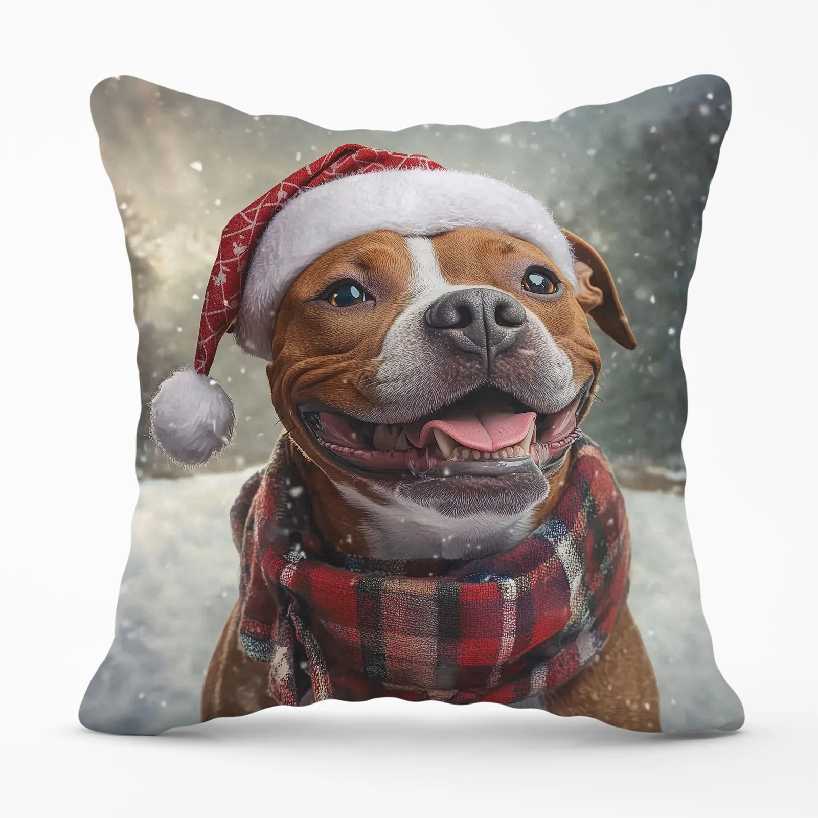 Warren Reed - Designer Snowy Christmas Staffordshire Bull Terrier Cushion in Brown
