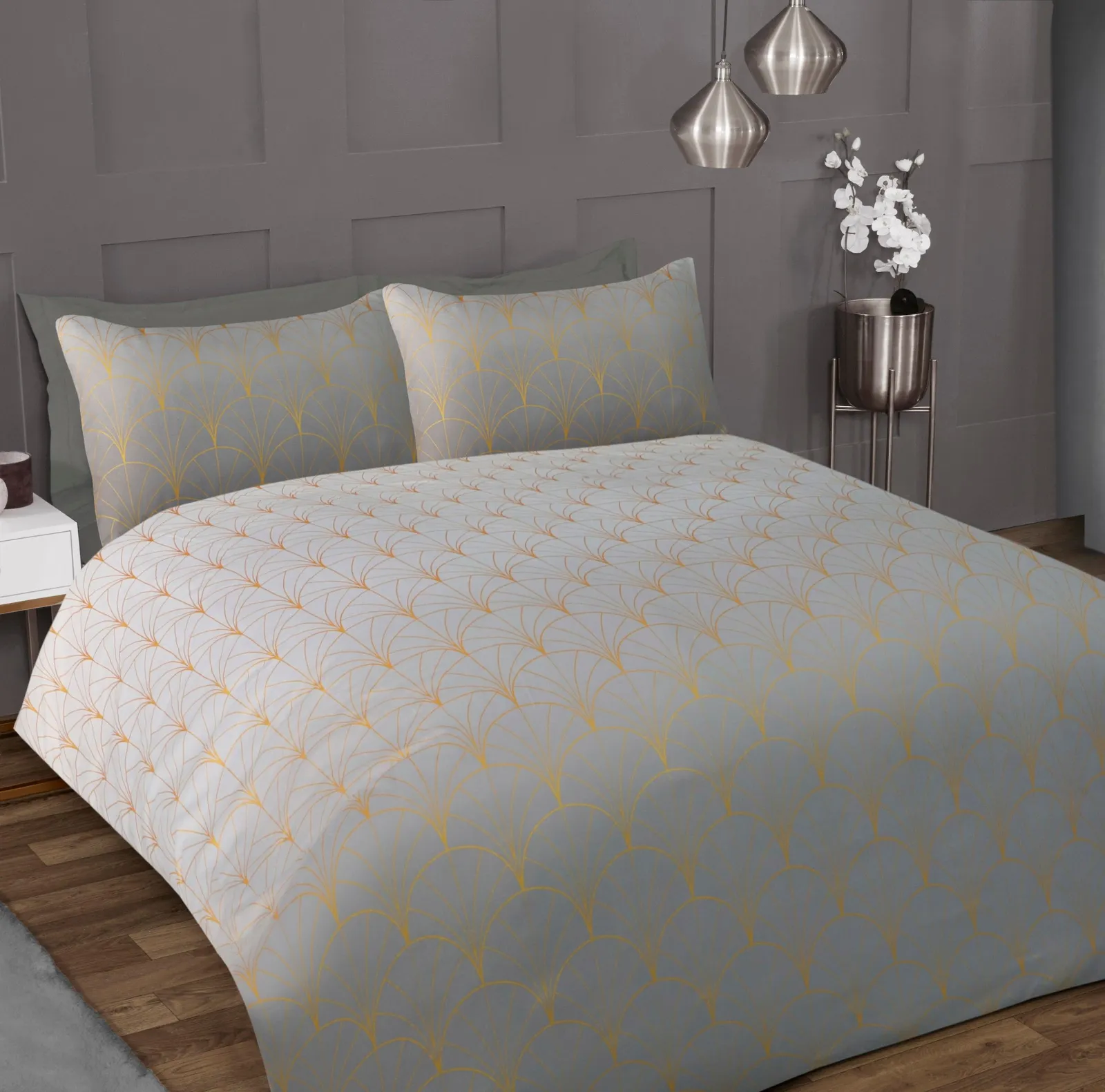 Smart Living Printed Luxury Ombre Metallic Deco Duvet Cover With Pillowcases in Grey