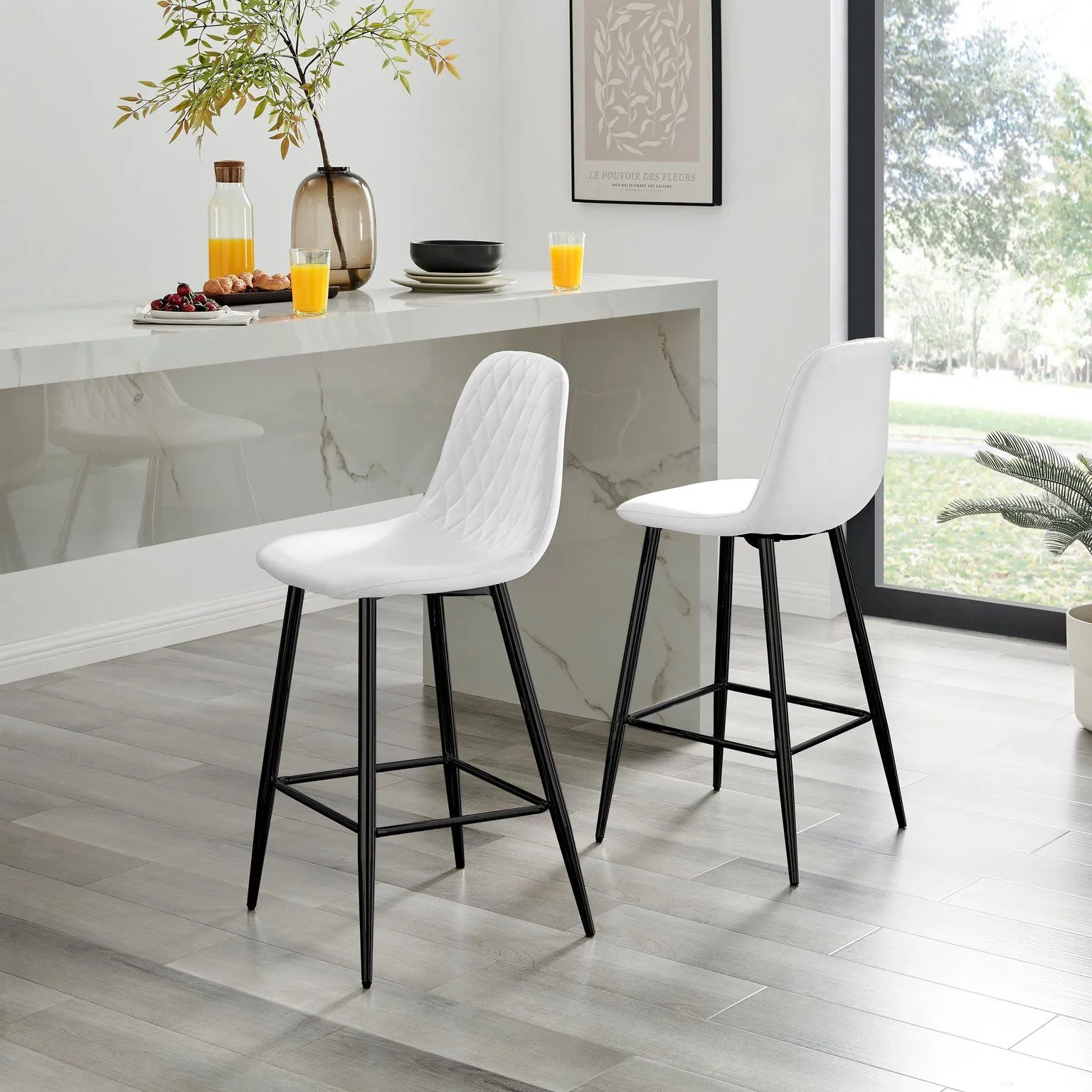 FurnitureboxUK Corona Set of 2 Counter Stools - Faux Leather Counter Stools With Black Legs - Kitchen Island Stool in White 1