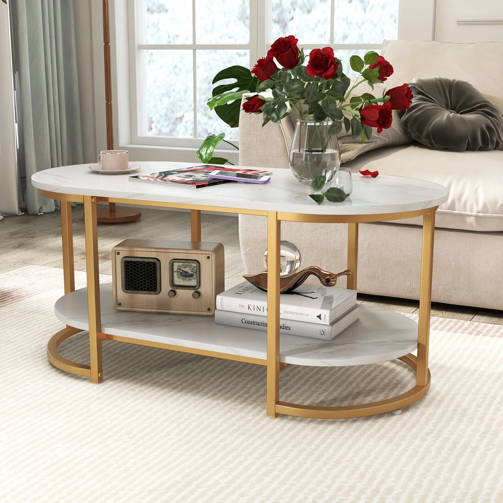 Costway Modern Faux Marble Coffee Table 2Tier Rectangular Chic Cocktail Accent Table in White 4