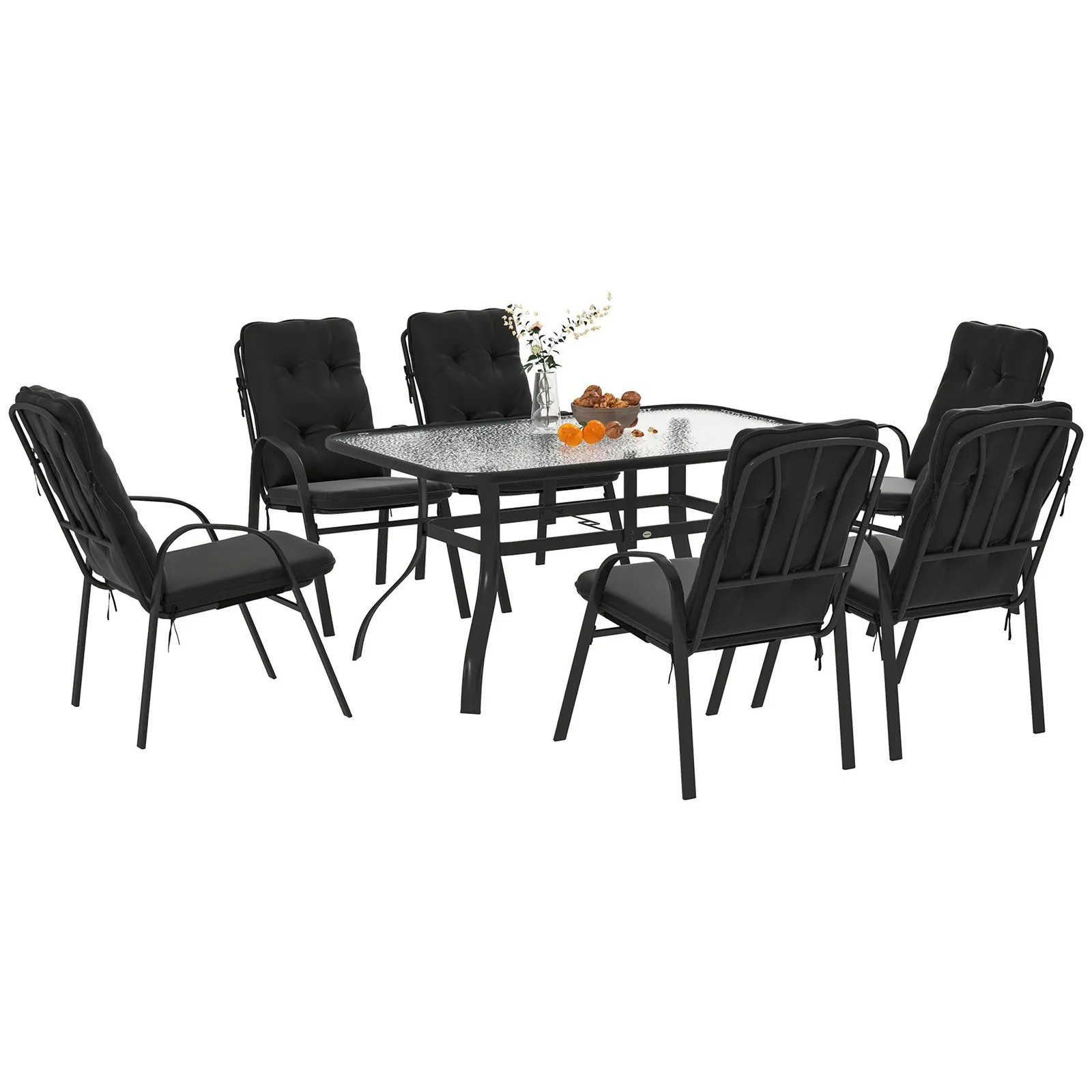 OUTSUNNY 7 PCs Garden Dining Set w/ Umbrella Hole & Cushion, Black 2