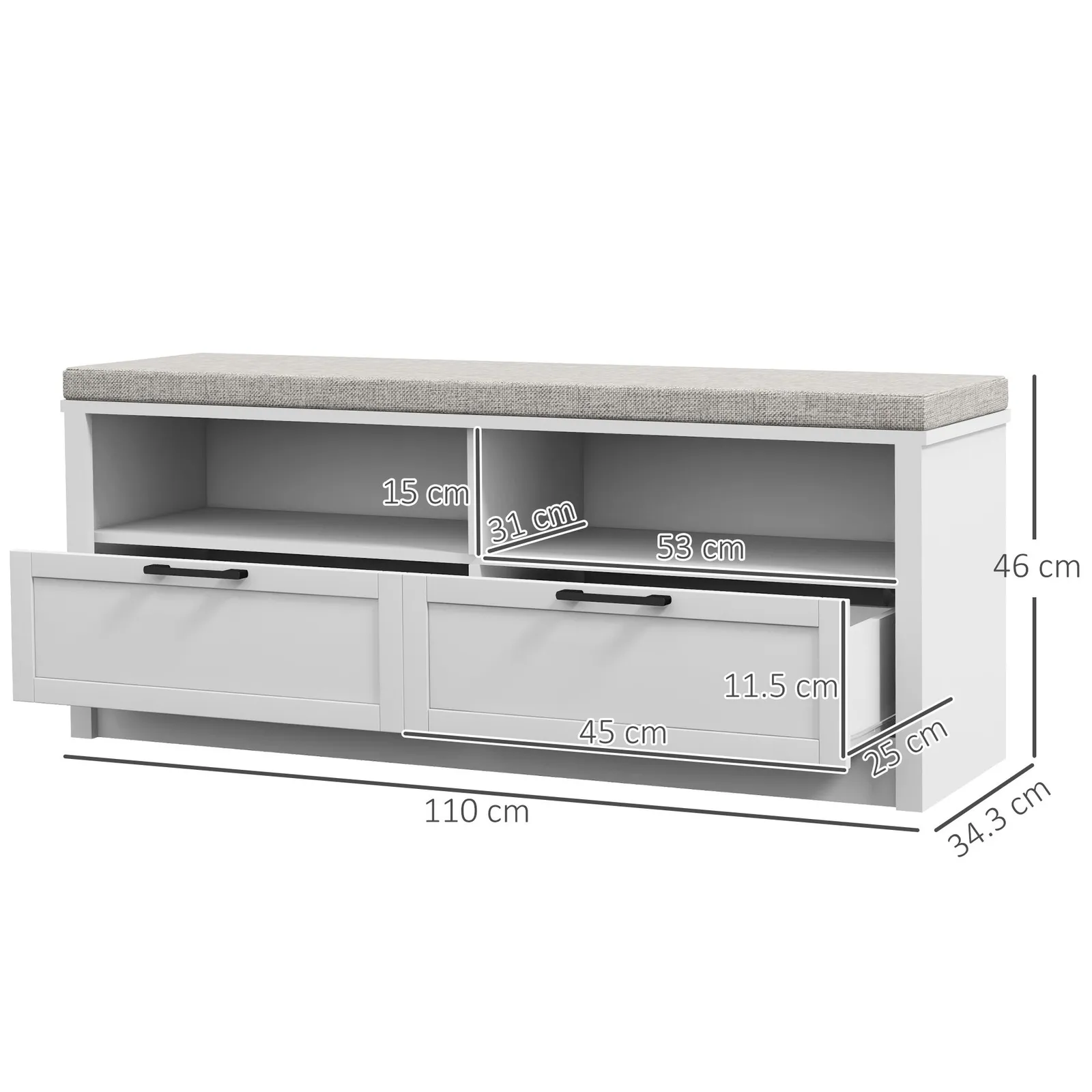 HOMCOM Shoe Storage Bench with Removable Cushion Open Compartment & Drawer in White 3