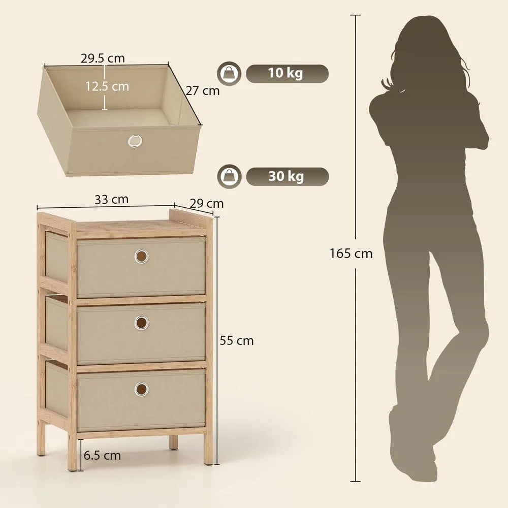 HOMCOM Chest of Drawers, 3 Drawers Dresser with Bamboo Frame, Cream White 3