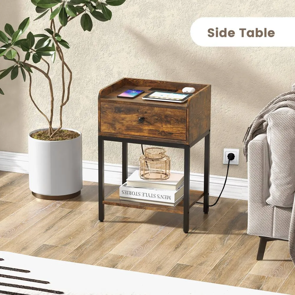 Costway Nightstand w/Charging Station Industrial Bedside Table w/USB Ports in Brown 3