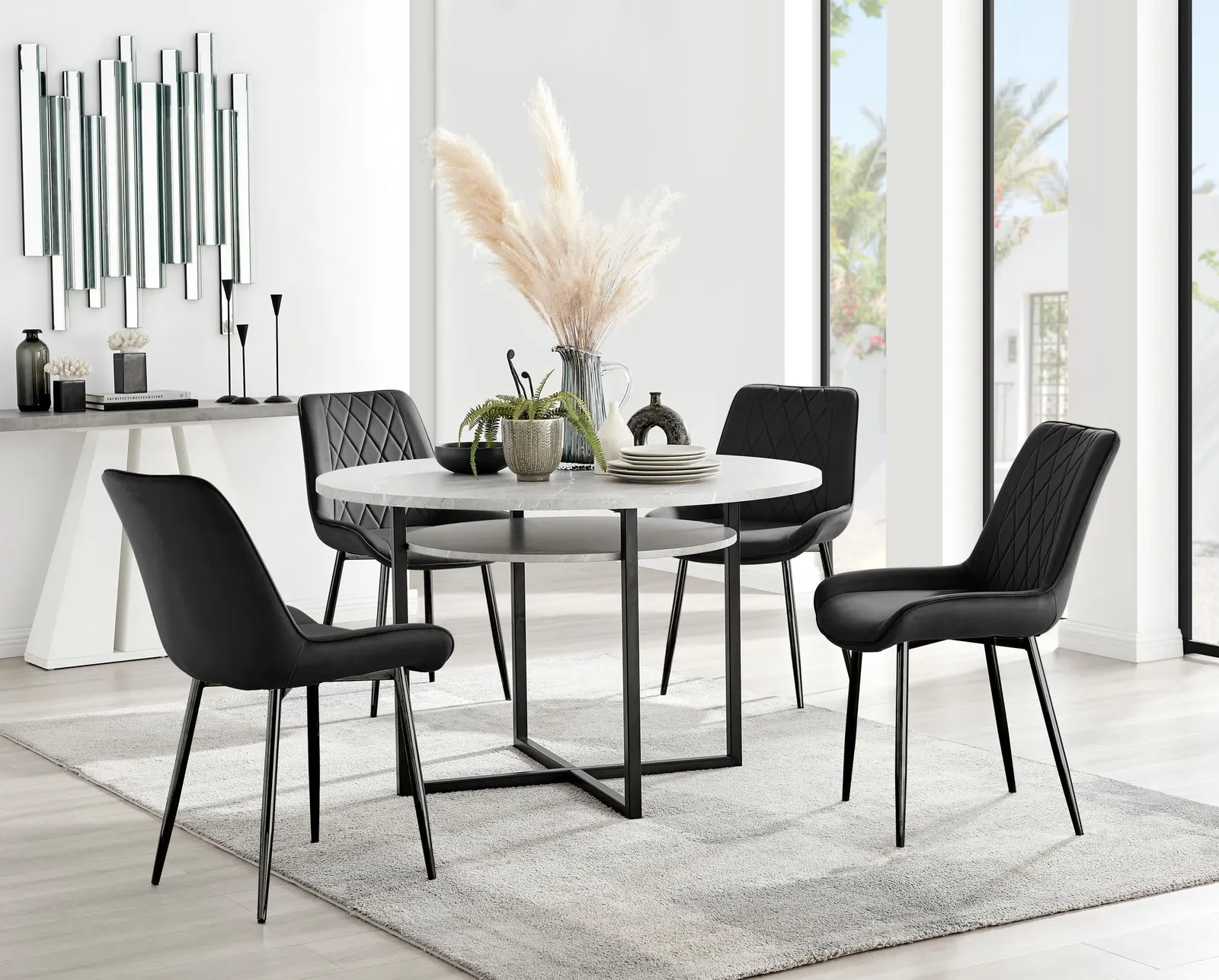 FurnitureboxUK Adley Grey Concrete Effect & Black Round Dining Table with Shelf & 4 Velvet Pesaro Dining Chairs 1