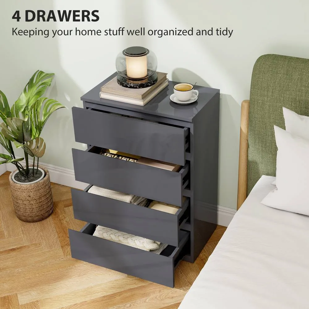 HOMCOM Bedroom Chest of Drawers, High Gloss 4 Drawers Dresser, Grey 4