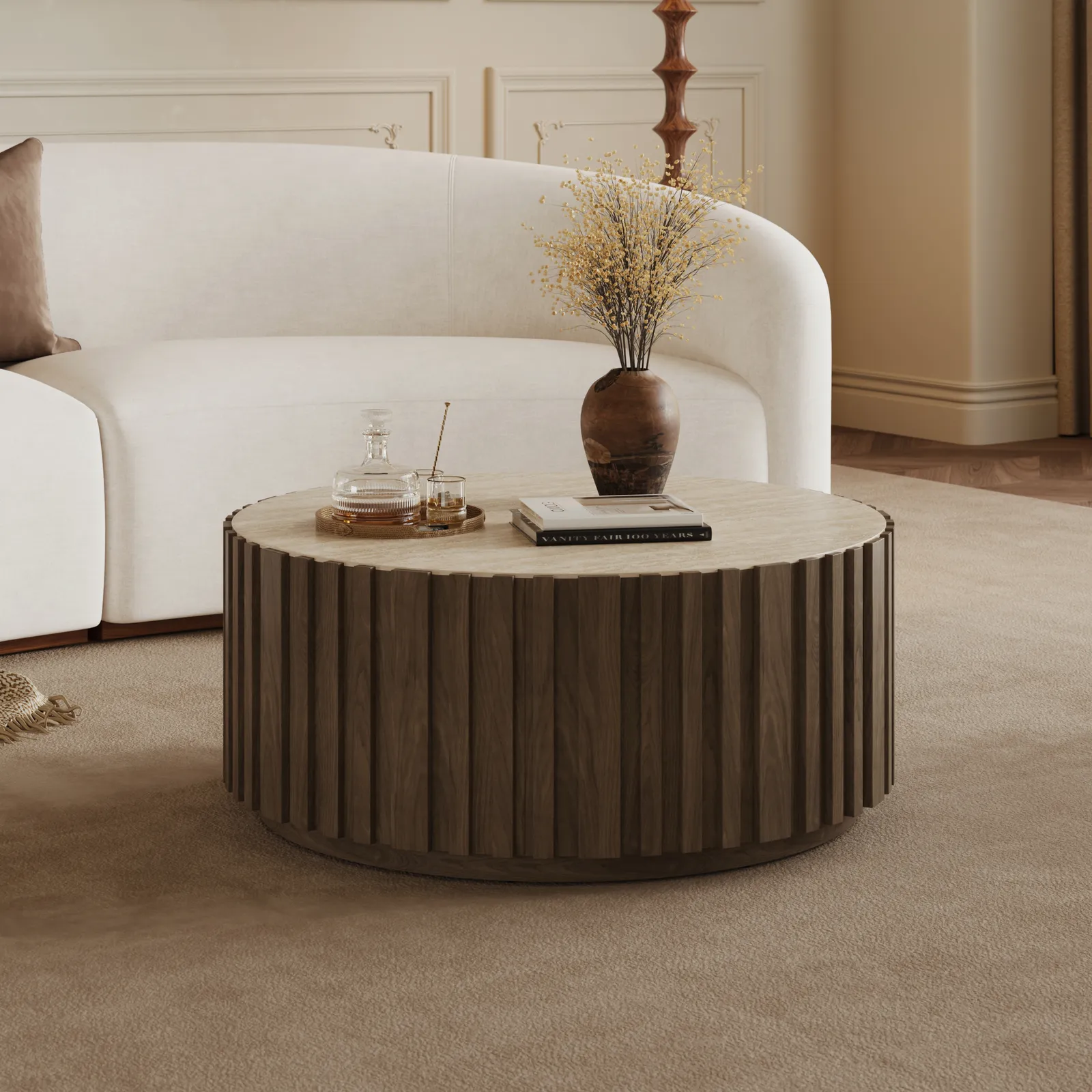 Aura 35" Ash Wood Slatted Round Coffee Table with Sintered Stone Top