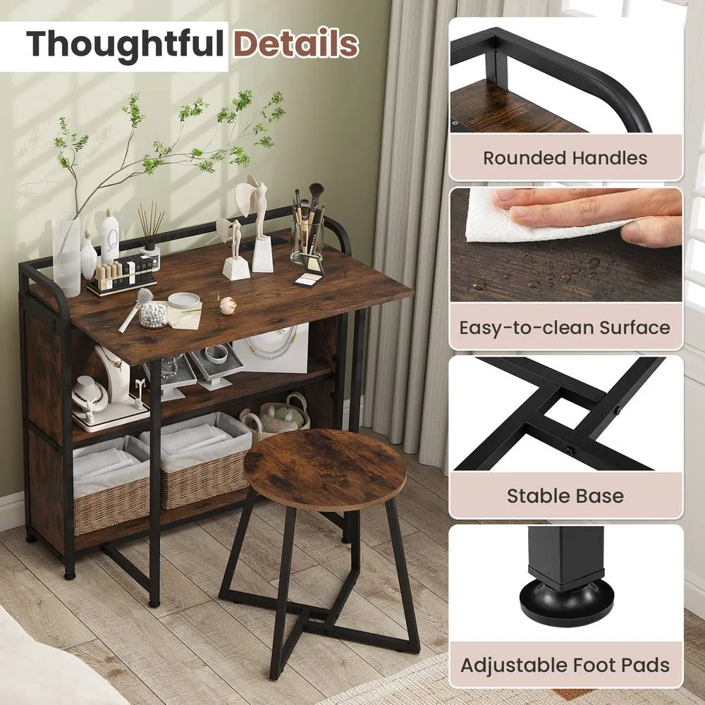 Costway Folding Table w/Stool 90 cm Computer Desk Set w/ AC Outlets in Brown 3