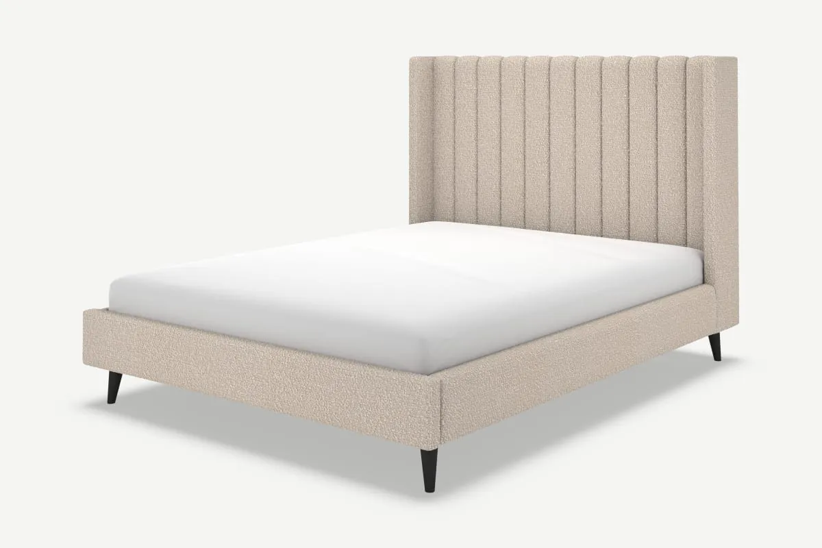 Cory King Size Bed, Mink Grey Boucle with Black Stain Oak Legs