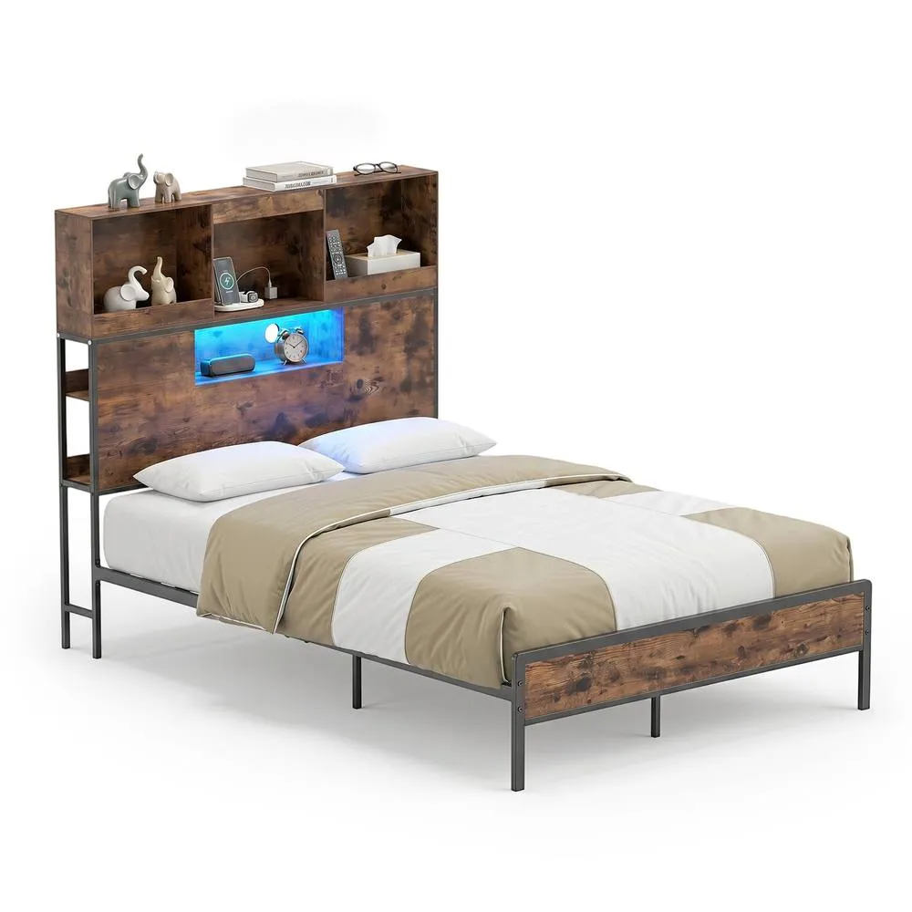 Costway King Size Bed Frame with LED Lights & Power Outlet Industrial Metal Platform Bed in Brown