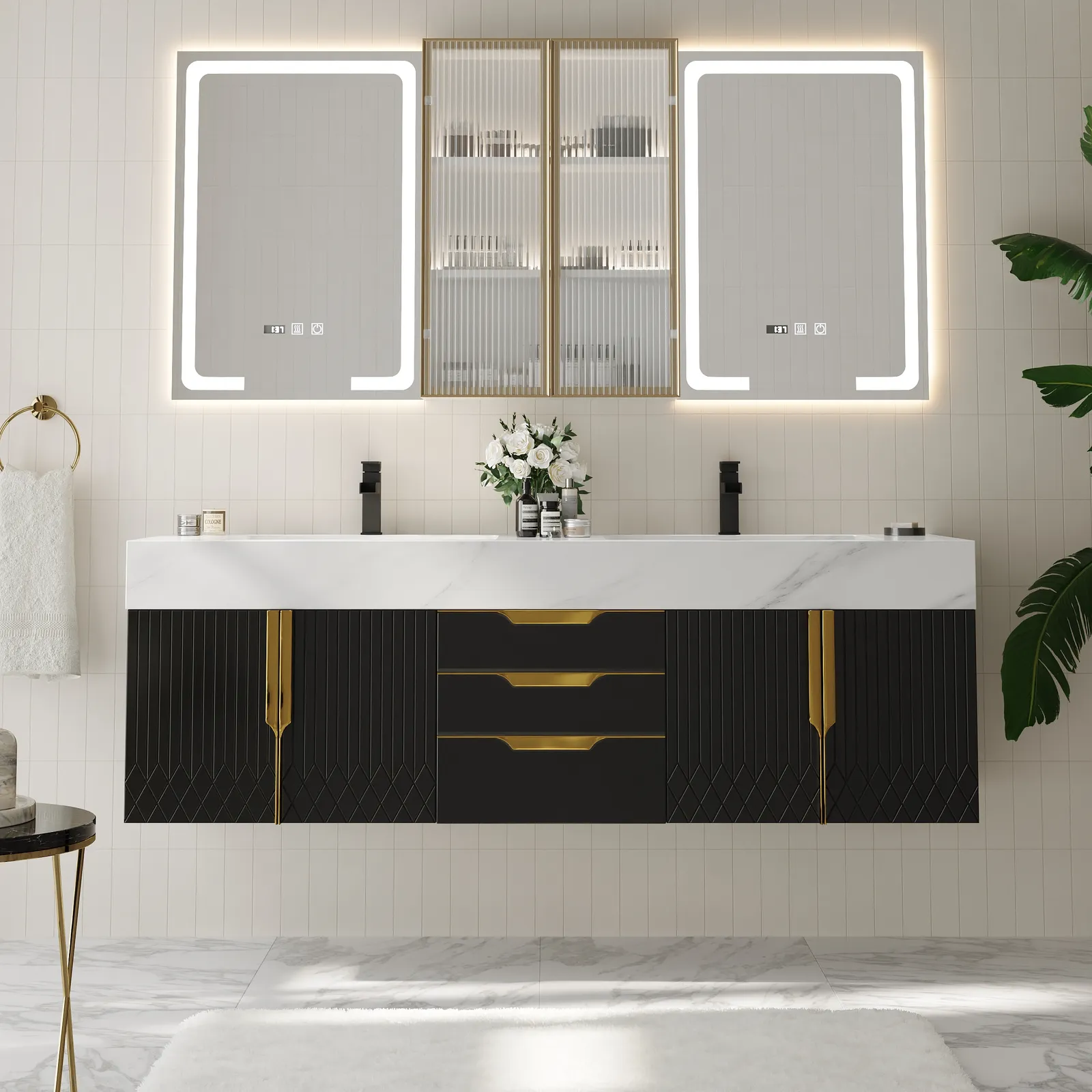 59" Double Sink Floating Vanity Set with LED Medicine Cabinet with Storage