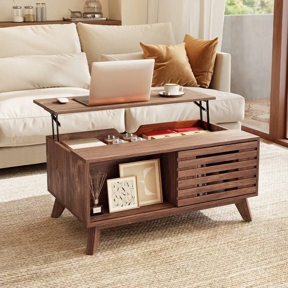 Costway 90 cm Center Table with Slatted Sliding Door & Tapered Legs in Brown 3