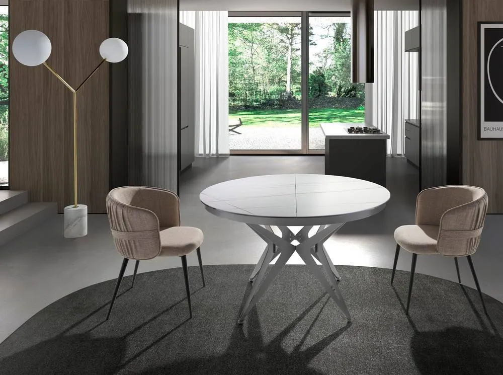 Angel Cerda Round Extendable Dining Table, Porcelain Marble Top in White 3
