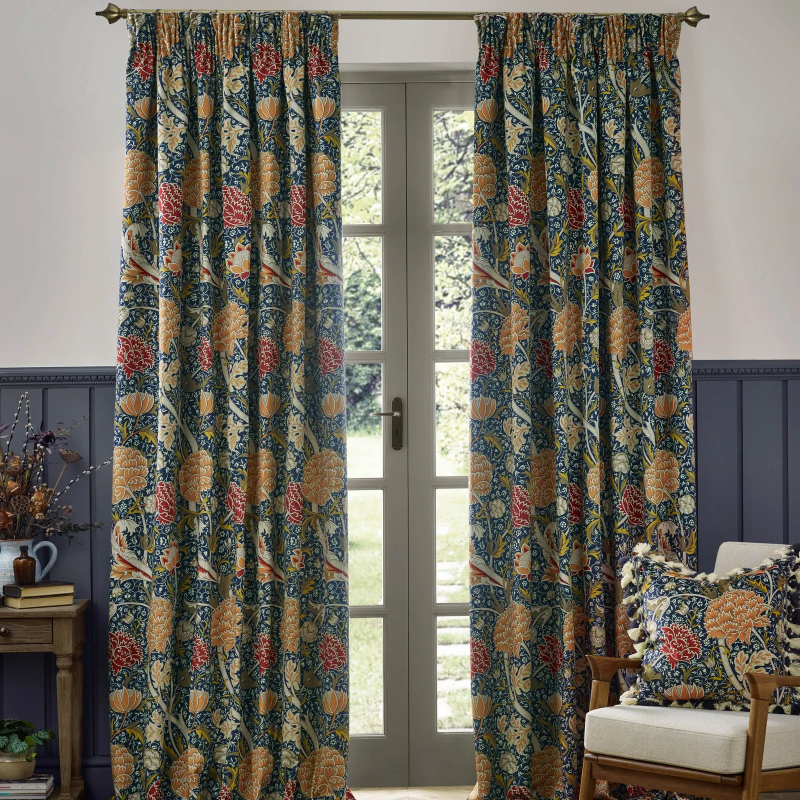 Morris & Co Cray Floral Velvet Room Darkening Pencil Pleat Curtains in Indigo 2