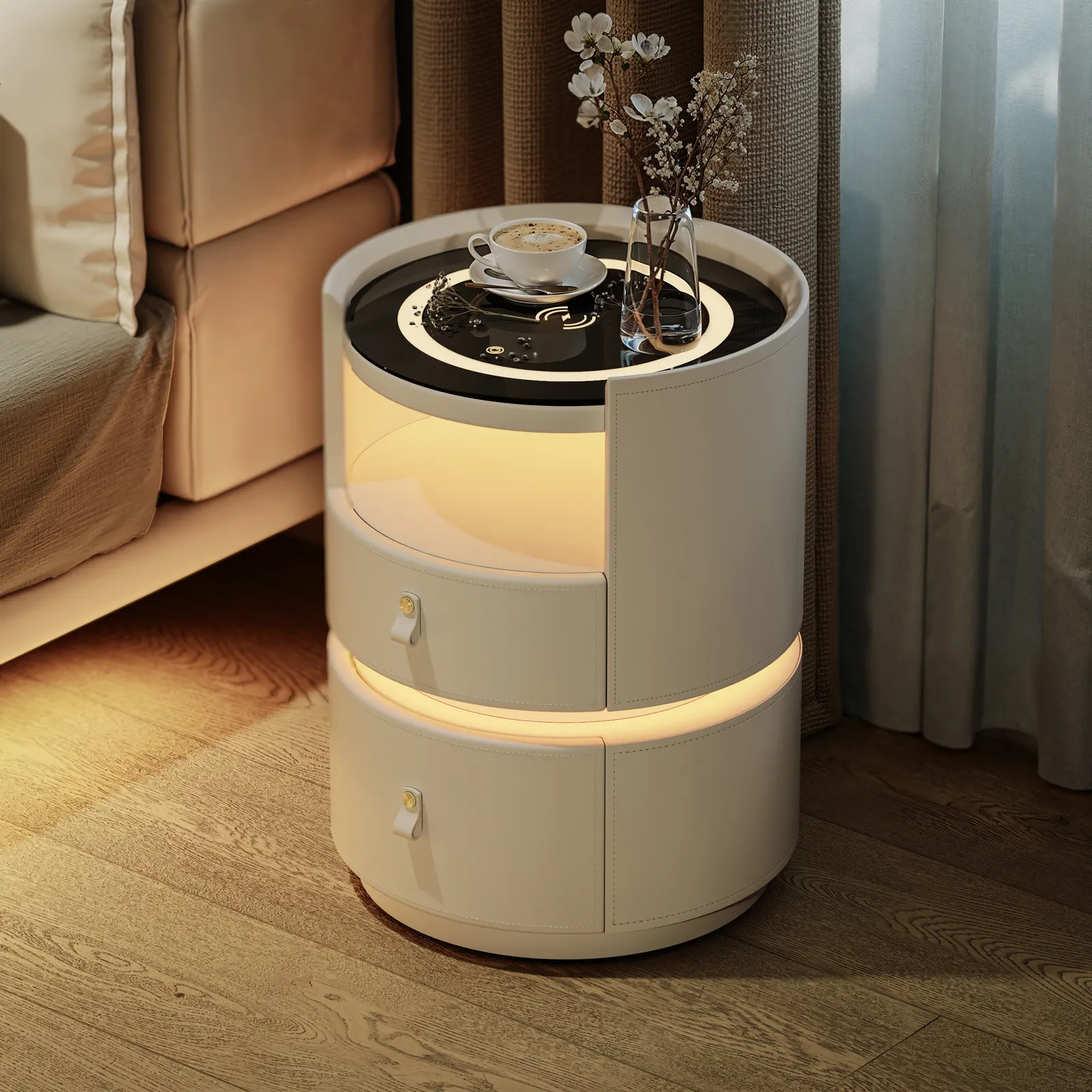 Modern Saddle Leather Smart LED Bedside Table with Charging Station, Tempered Glass Top