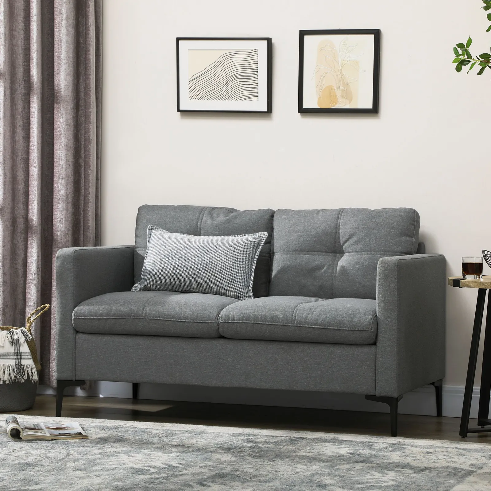 HOMCOM 133cm 2 Seater Sofa for Living Room Loveseat Sofa with Steel Legs in Dark Grey