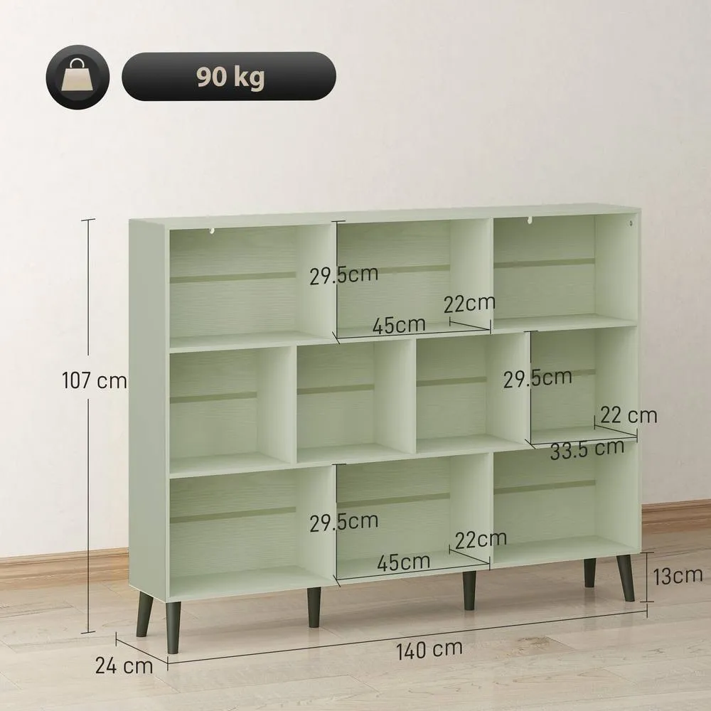 HOMCOM Bookshelf with 10 Cubbies, Book Shelf with Wood Legs, Light Green 3