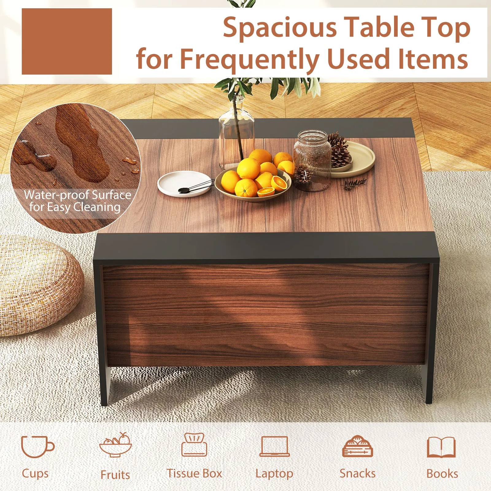 Costway 92 x 92cm Coffee Table w/ Sliding Top Square Center Table Extendable Cocktail Tea Table in Brown 5